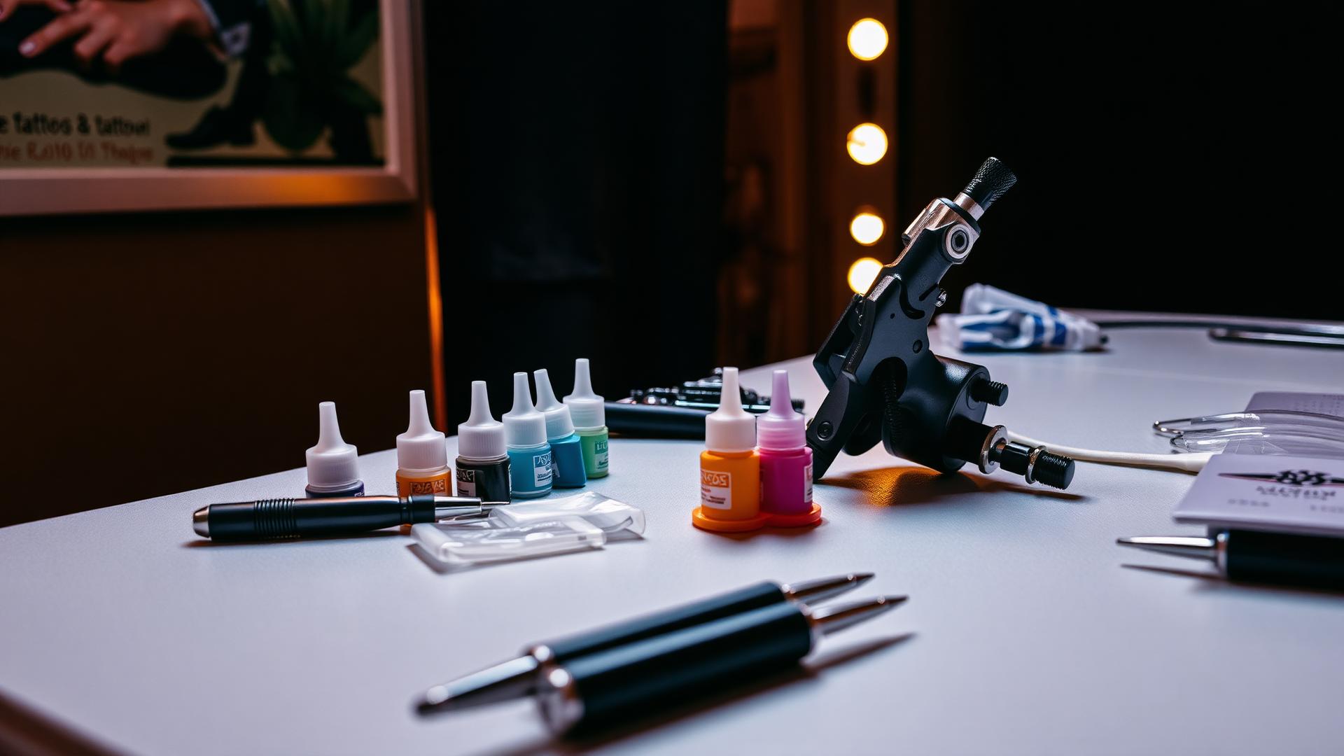 Equipamento profissional de tatuagem montado para evento