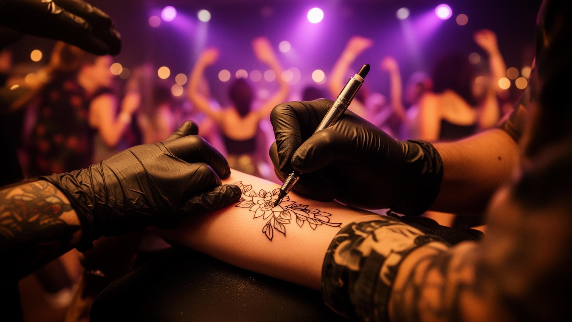 Tatuador fazendo uma flash tattoo floral no braço de um convidado durante uma festa
