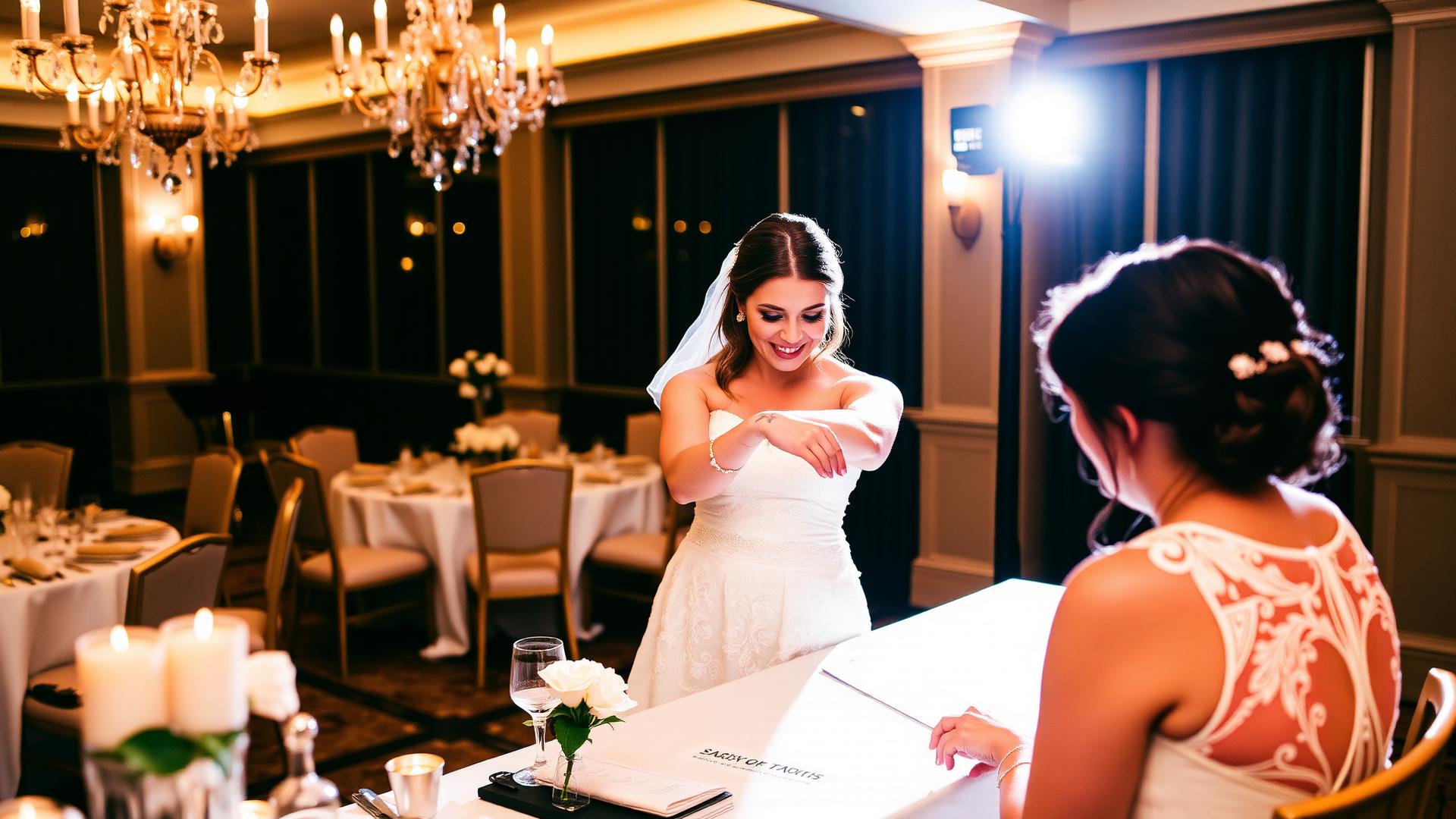 Noiva mostrando tatuagem floral no pulso durante recepção de casamento