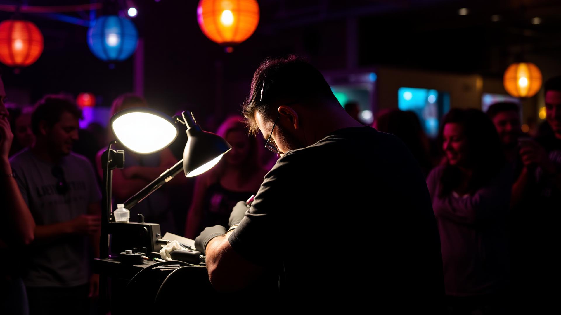 Tatuador fazendo flash tattoo em evento, convidados ao redor